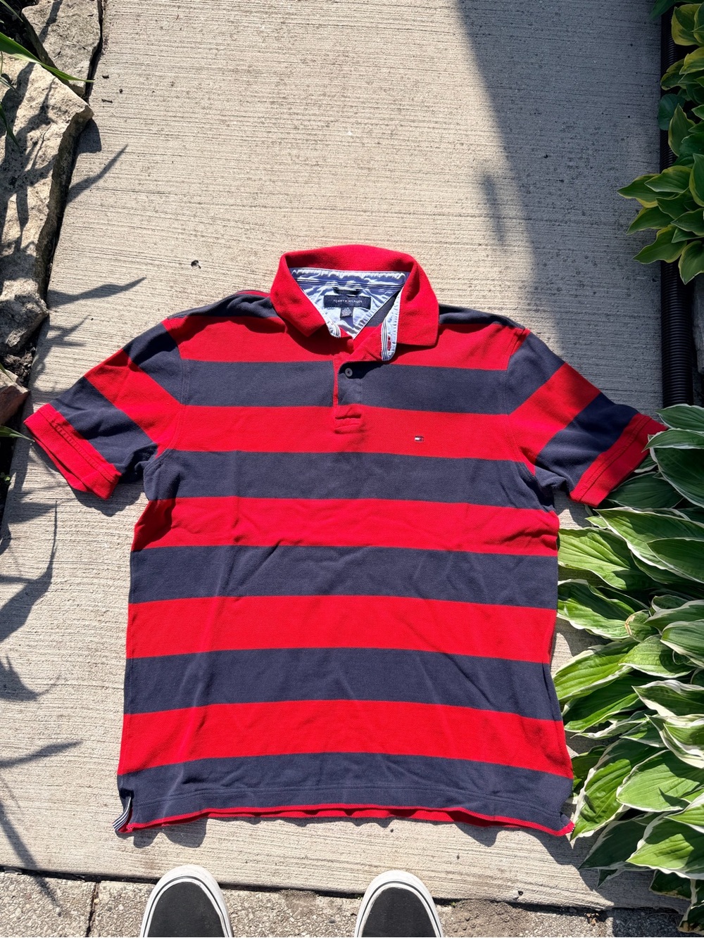 Tommy Hilfiger Red and Navy Wide-Stripe Polo size L